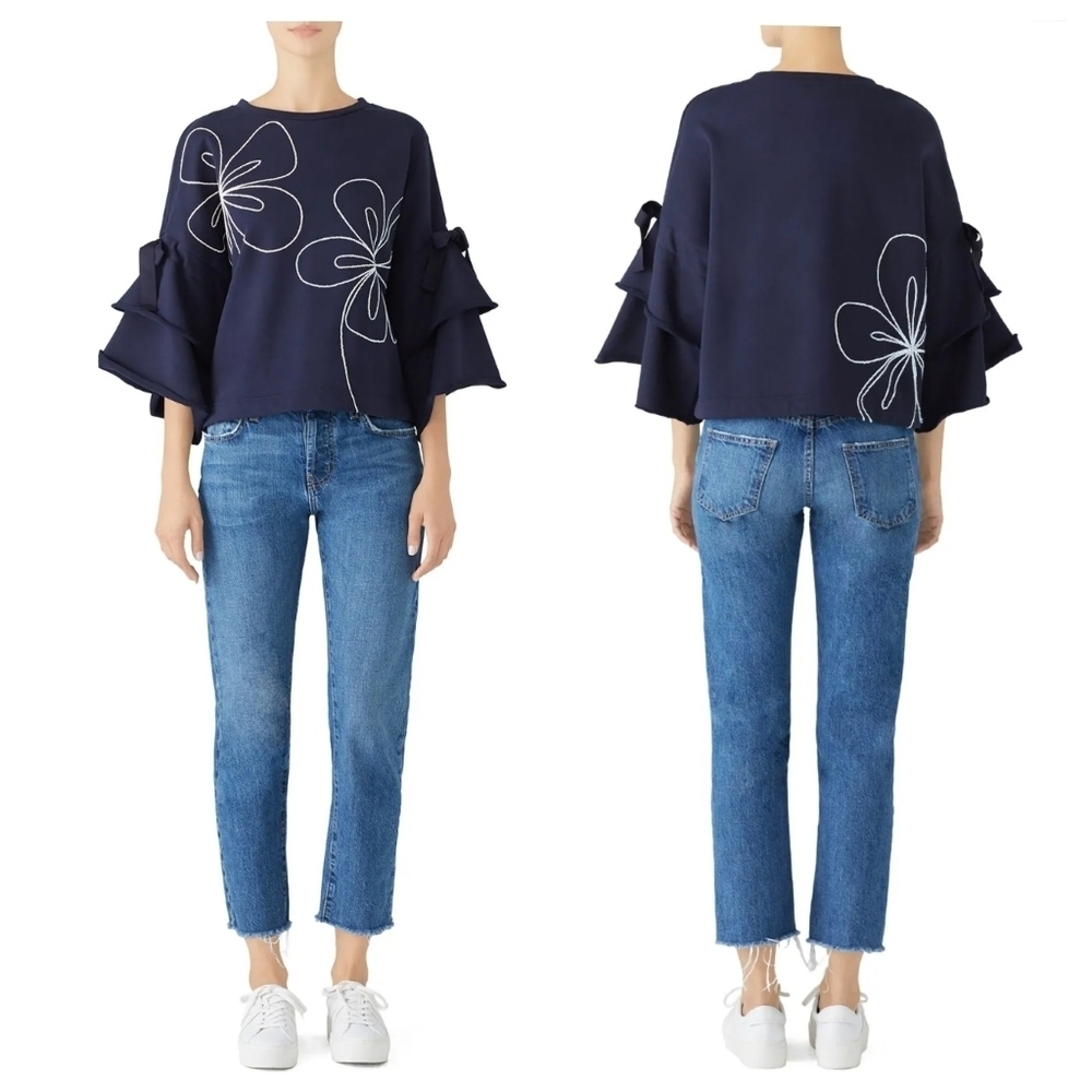 Parker Oamara Navy Blue Crewneck Floral Topstitch Cotton Blouse XL Artsy Boho
